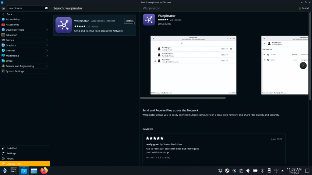 Warpinator: Wirelessly Transfer Files to Steam Deck From a Windows Computer 1 Warpinator in Discover Store