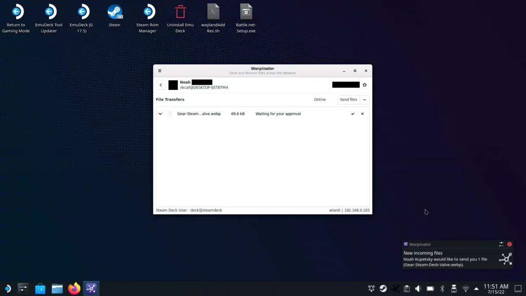 Warpinator: Wirelessly Transfer Files to Steam Deck From a Windows Computer 11 WarpinatorIncomingFile