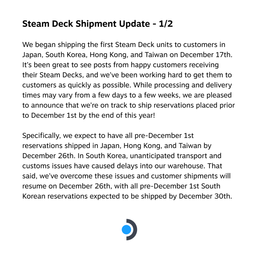 Steam Deck Preorders Before Dec 1st Will Be Shipped to Asia Before End of 2022 1 Steam Deck Shipment Update