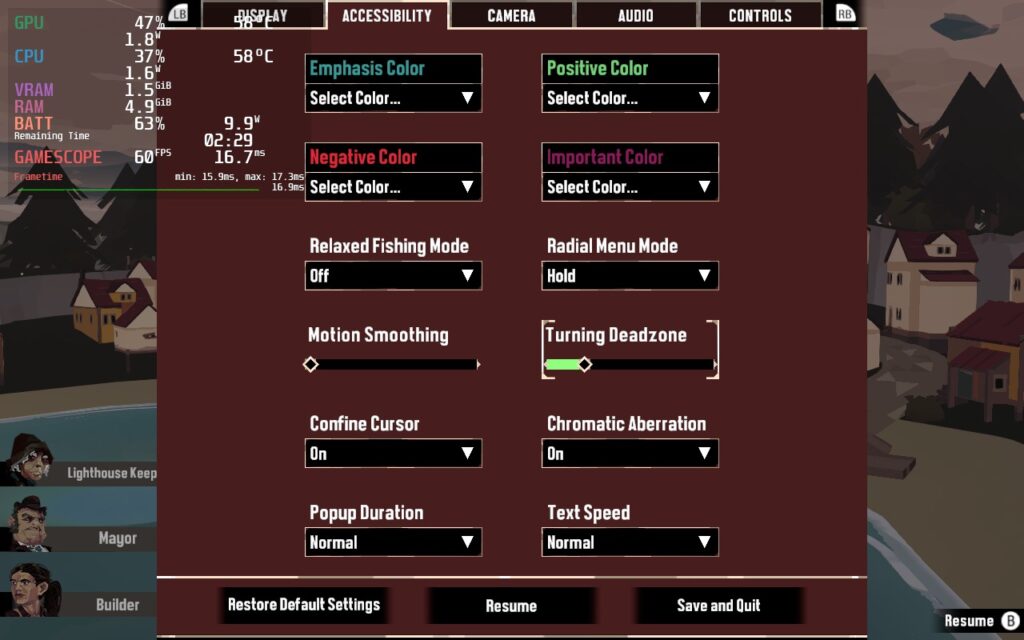 Dredge 9 Dredge accessibility menu
