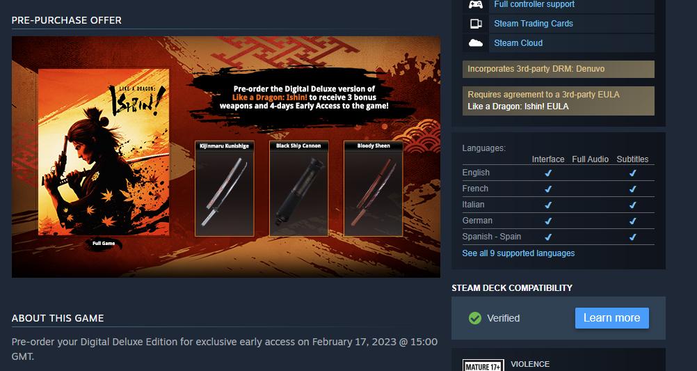 Like a Dragon: Ishin! Officially Steam Deck Verified 1 Like a Dragon: Ishin!