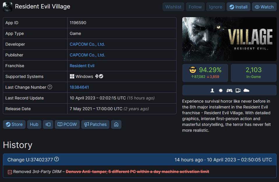 Capcom Removes Denuvo in Resident Evil Village 1 Resident Evil Village SteamDB