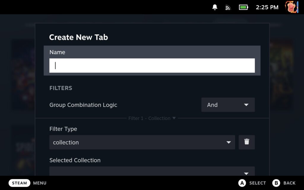 Create Custom Library Tabs on Steam Deck with TabMaster 4 TabMasterAddTabScreen