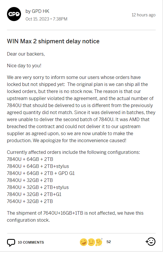 GPD Accuses AMD of Breaking Contract Over 7840U APUs 1