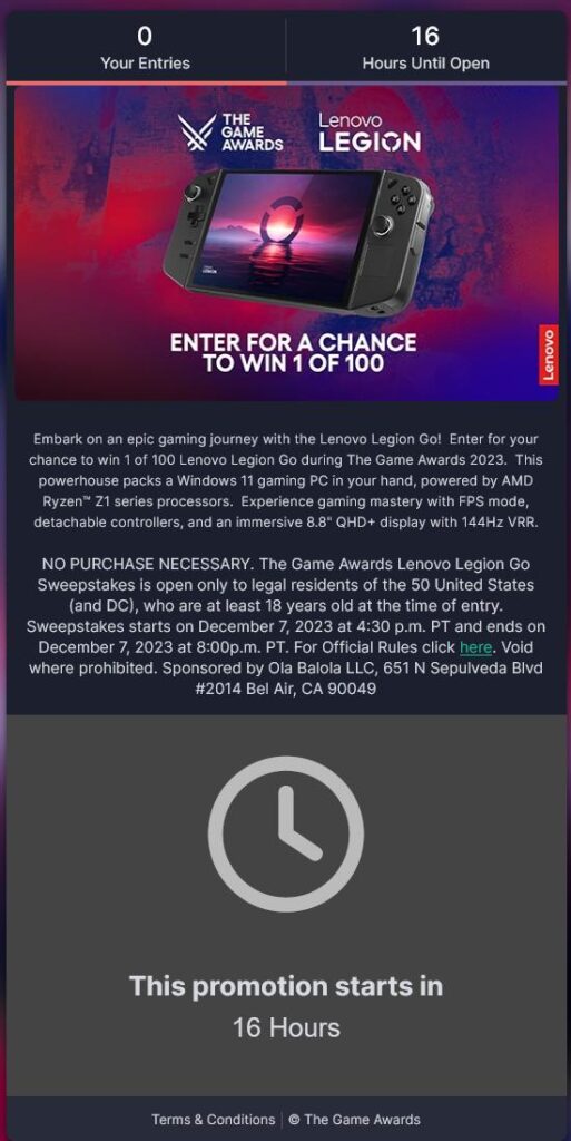 The Game Awards is Giving Away 100 Lenovo Legion Go During the Show - US Only 2 LenovoLegionGoSweepstakesTheGameAwards
