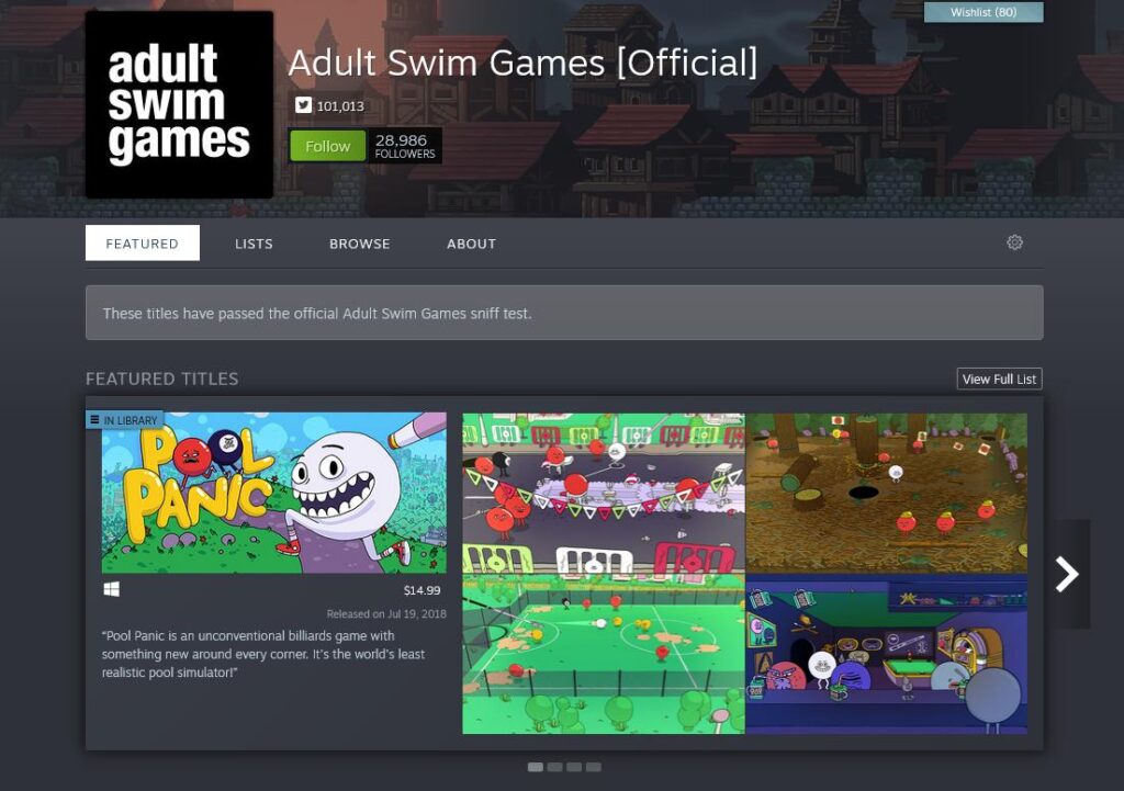 Warner Bros To Delist All Adult Swim Titles Within 60 Days 1 Screenshot 2024 03 08 at 14 26 38 Steam Developer Adult Swim Games Official