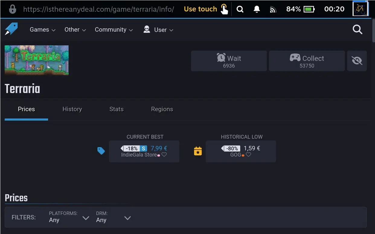 isthereanydeal web page from Decky plugin
