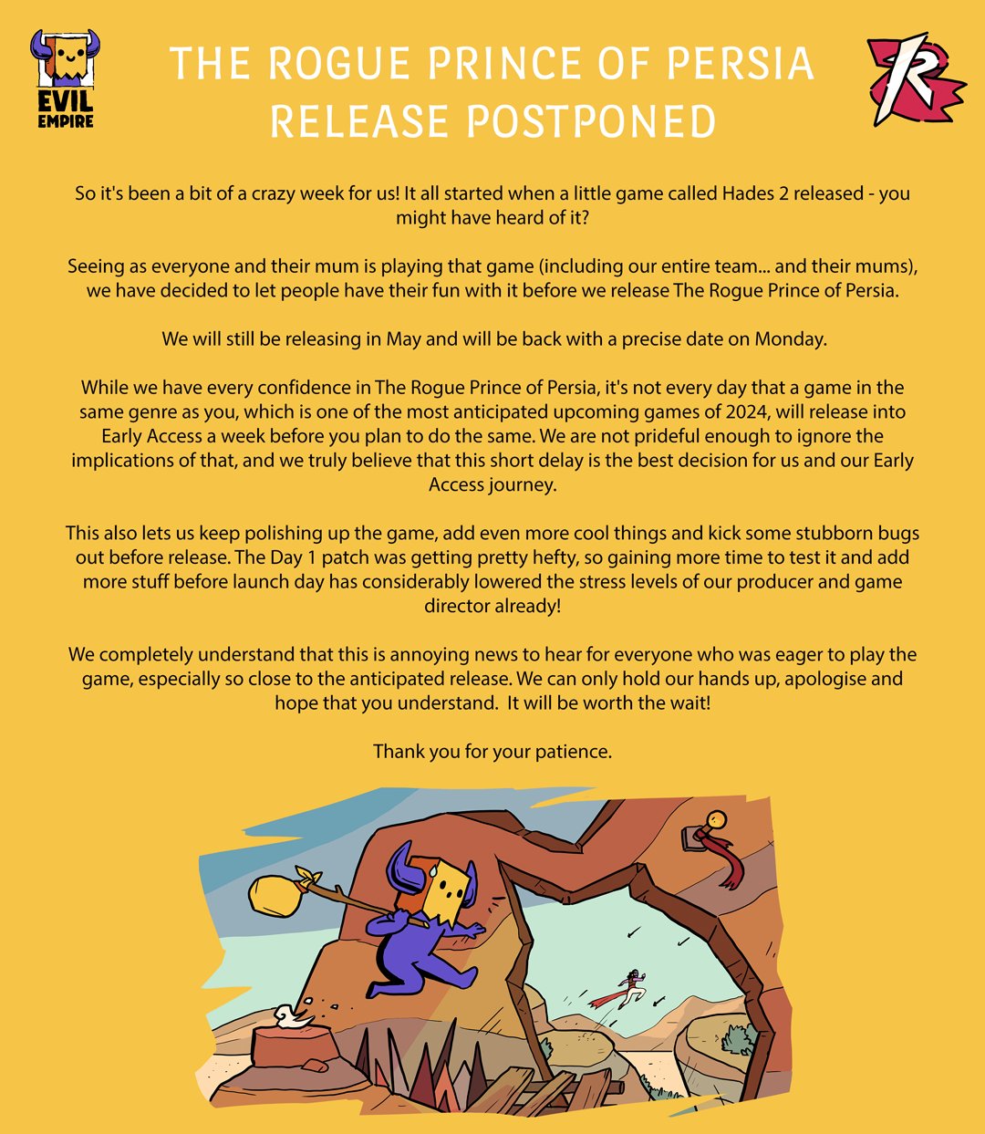 The Rogue Prince of Persia Delayed Due to Hades 2 Release 2 TheRoguePrinceofPersiaDelayStatement