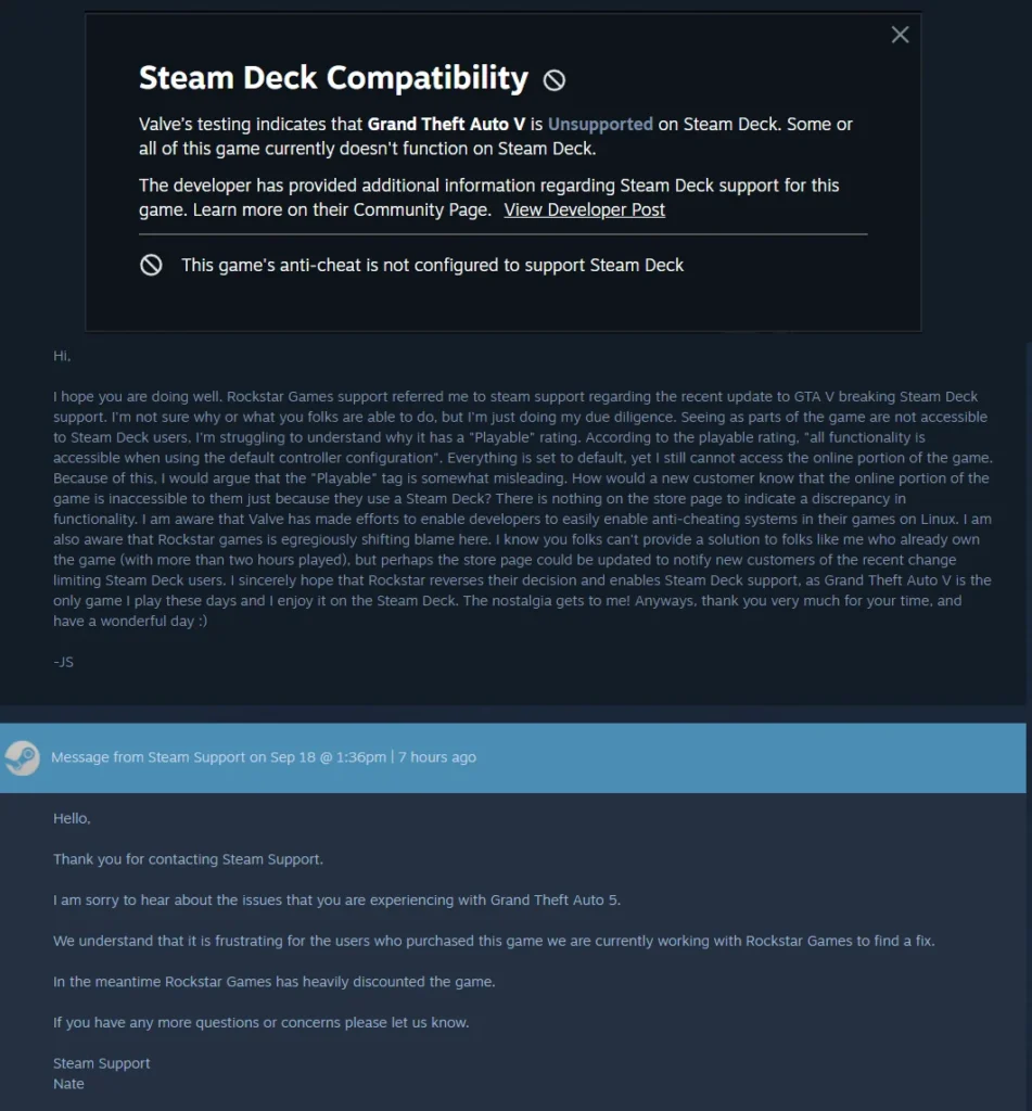 Valve Is Reportedly Working With Rockstar to Fix GTA Online on Steam Deck 2 RedditGrandTheftAutoOnlineResponseSteamSupport