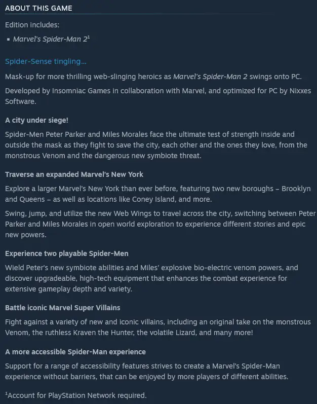 Marvel's Spider-Man 2 Announced For PC With PSN Account Requirement 2 Screenshot 2024 10 18 at 18 31 21 Marvels Spider Man 2 on Steam