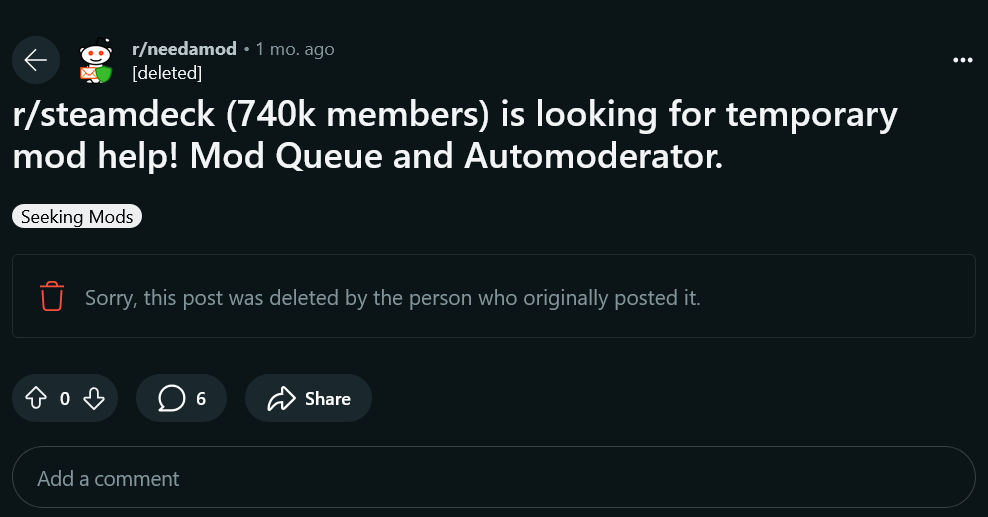 The Revolution of r/SteamDeck And How The Top Moderator Was Removed 3 Screenshot 2024 11 04 at 19 59 18 r steamdeck 740k members is looking for temporary mod help Mod Queue and Automoderator. r needamod