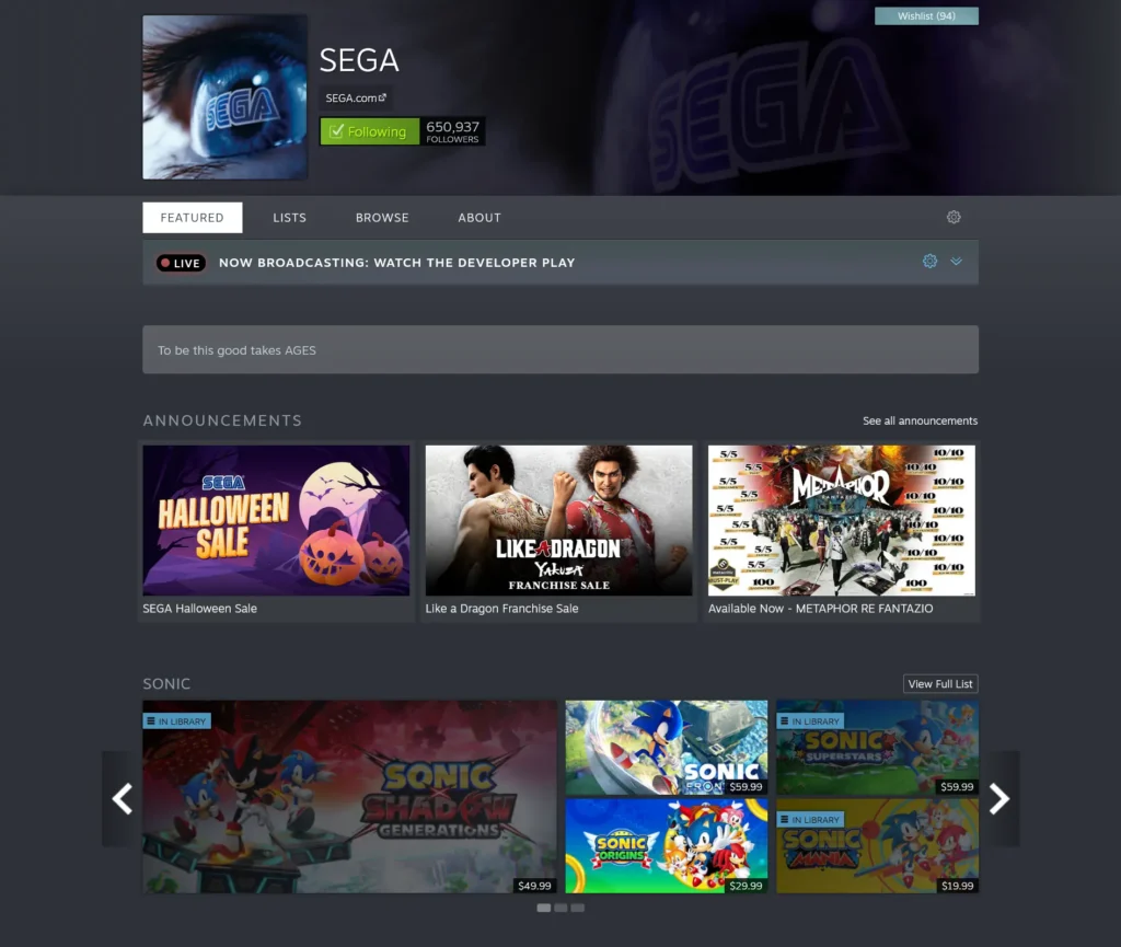 The Best Studios With Steam Deck Compatible Games - 2024 Edition 6 Screenshot 2024 11 05 at 02 58 02 Steam Publisher SEGA
