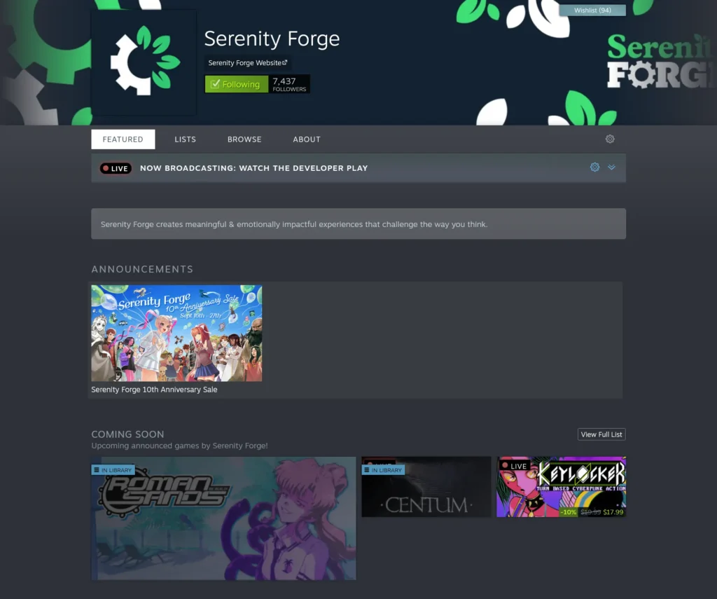 The Best Studios With Steam Deck Compatible Games - 2024 Edition 8 Screenshot 2024 11 05 at 03 01 28 Steam Developer Serenity Forge