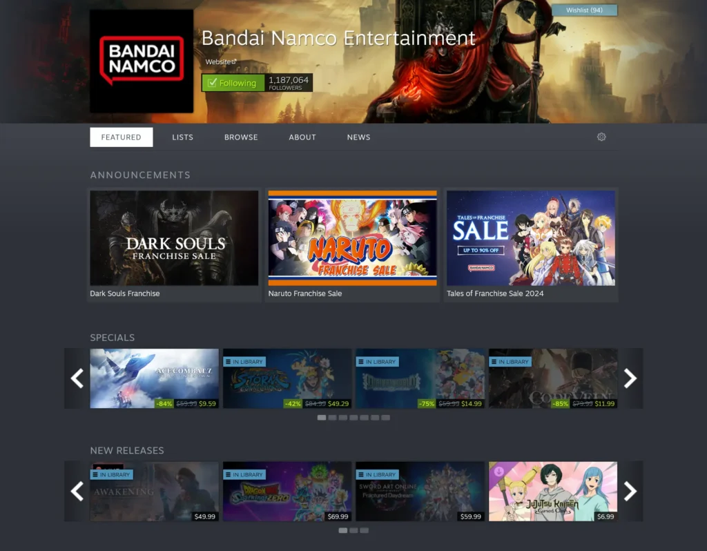 The Best Studios With Steam Deck Compatible Games - 2024 Edition 9 Screenshot 2024 11 05 at 03 03 29 Steam Developer Bandai Namco Entertainment