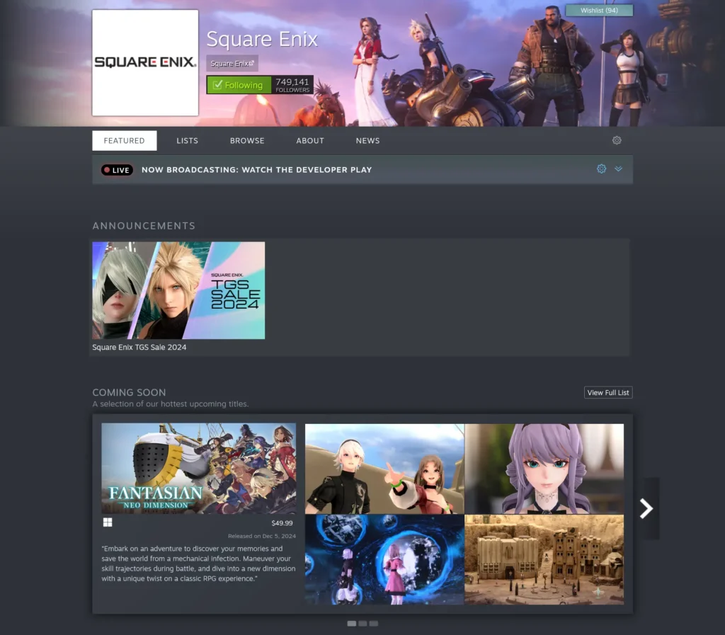 The Best Studios With Steam Deck Compatible Games - 2024 Edition 10 Screenshot 2024 11 05 at 03 03 59 Steam Developer Square Enix