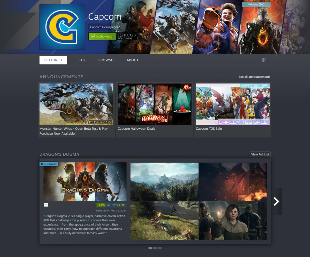 The Best Studios With Steam Deck Compatible Games - 2024 Edition 11 Screenshot 2024 11 05 at 03 04 31 Steam Publisher Capcom