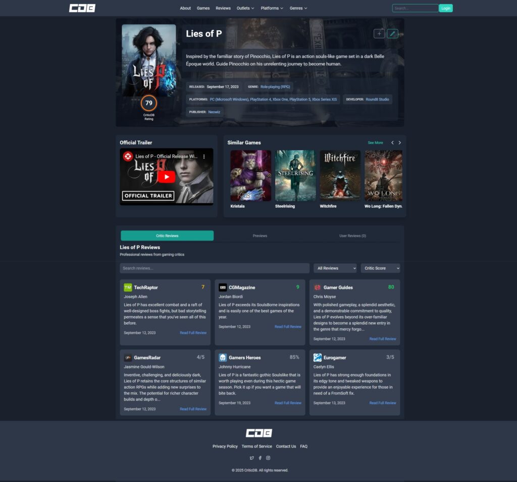 New Review Aggregator Site CriticDB Announced 3 Lies of P Game Page