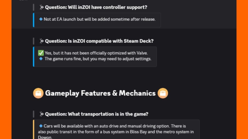 inZOI Discord FAQ Original Answer