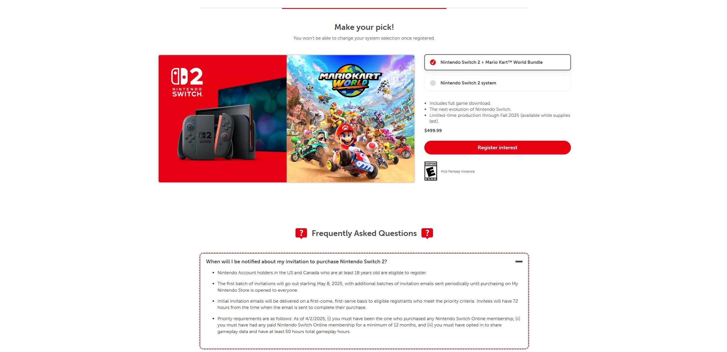 Nintendo Switch 2 US pre-order page at Nintendo
