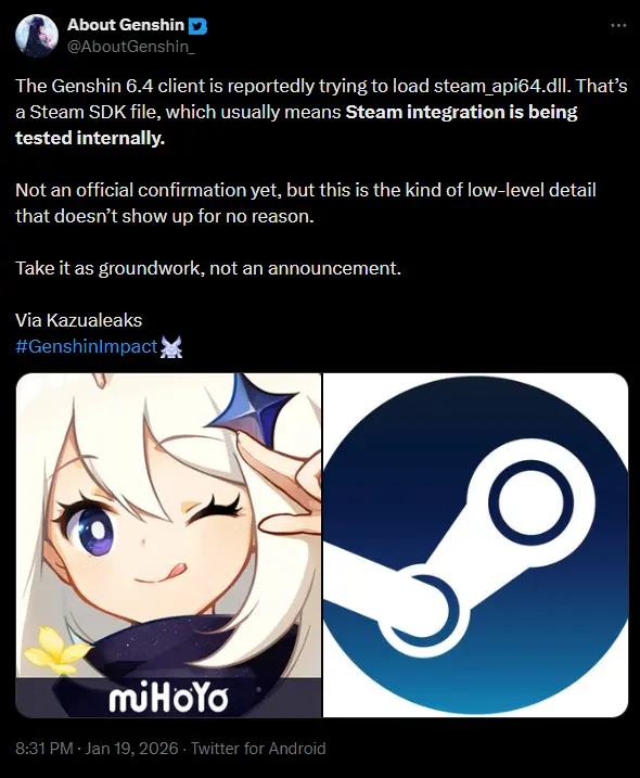 Genshin Impact (and Other HoYoverse Games) May be Making Their Way to Steam, And Hopefully To The Steam Deck 1 GenshinSteamLeak1