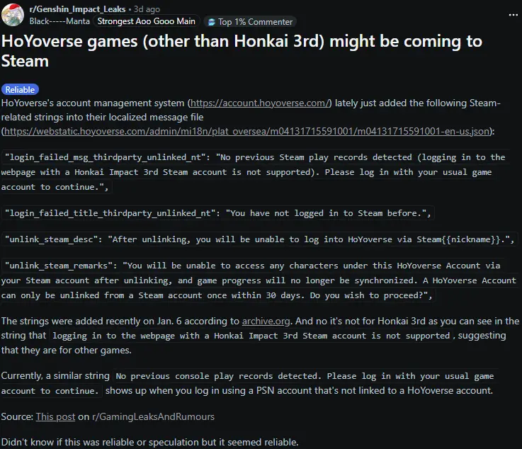 Genshin Impact (and Other HoYoverse Games) May be Making Their Way to Steam, And Hopefully To The Steam Deck 2 GenshinSteamLeak2