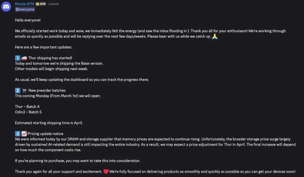 AYN Thor Prices Set to Rise in April Amid RAM Shortage 1 AYN Thor Discord Price Increase in April